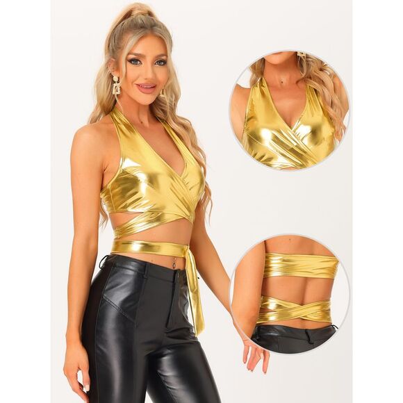 Metallic Halter Neck Top Deep V Neck Backless Crop Tops Gold - Picture 2 of 5